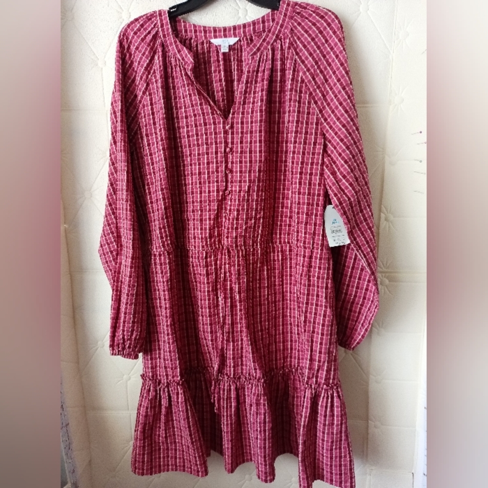 Time And Tru Red Plaid Long-Sleeve Dress